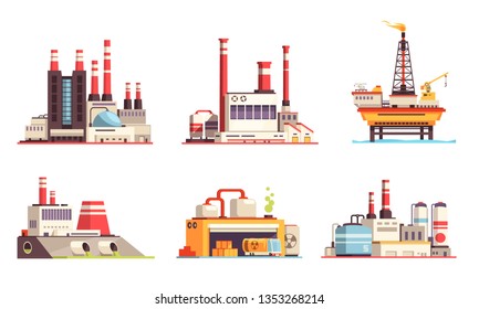 Industrial buildings flat set of petroleum industry power plants power stations oil offshore platform isolated vector illustration