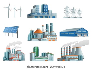 Industrial buildings flat set of thermal power plant wind turbines high voltage power line storage warehouse isolated vector illustration