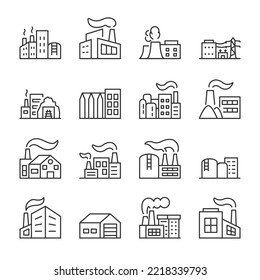 Iconos de edificios industriales. Fábrica, centro de negocios, almacenamiento, construcción de producción con chimenea y humo, colección lineal de iconos. Línea con trazo editable