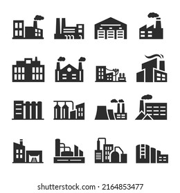 Industrial buildings icons set. A structure for production, storage and processing. Pipe and smoke. Monochrome black and white icon.