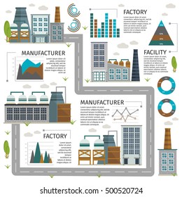 Industrial buildings infographics with factory and road chimney and exhaust graphs charts and statistics vector illustration