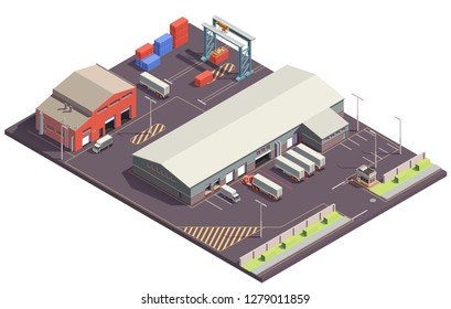 Industrial buildings isometric composition with parking lot cargo handling garages trucks and containers with crane manipulators vector illustration