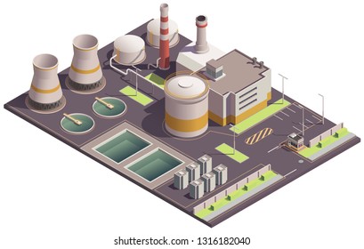 Industrial buildings isometric composition with plant site landmark and factory facilities with pools and parking lot vector illustration