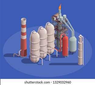 Industrial buildings isometric composition with view of petroleum processing plant containers with pipes and flambeau light vector illustration