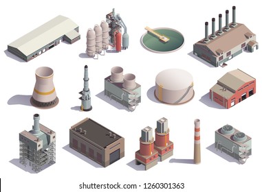 Industrial buildings isometric icons set with isolated images of factory facilities for different purposes with shadows vector illustration