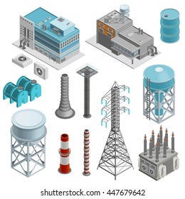 Industrial Buildings Isometric Icons Set With Elements Of Power Station Boiler Plant And Power Line Supports Vector Illustration 