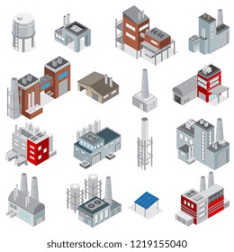 Industrial buildings isometric set of elements for factories and power plants constructor isolated vector illustration