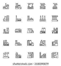 Industrial buildings line icons set. linear style symbols collection, outline signs pack. Agricultural factory vector graphics. Set includes icons as storehouse, warehouse, farm barn, storage, silo