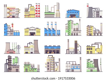 Industrial buildings. Manufacturing factory,  power station and warehouse building flat vector icons set