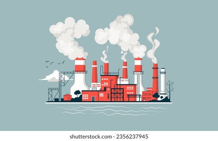 Industrial buildings, manufacturing. Red white chimneys with smoke, pipes with steam set. Industrial smog clouds, factory or plant flues. Vector illustration.