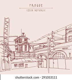 industrial buildings near bus station in Prague, Czech republic, Europe. Vector hand drawn artistic illustration. Steam punk postcard template. Grungy drawing industrial greeting card design