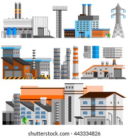 Edificios industriales conjuntos ortogénicos con tubos de ilustraciones vectoriales aisladas