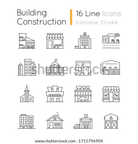Industrial buildings pixel perfect linear icons set. High rise skyscrapers. Car parking. Cinema theater. Customizable thin line contour symbols. Isolated vector outline illustrations. Editable stroke