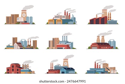 Industrial buildings. Plants, factories and manufacturing constructions, different power stations, smoky pipes and chimneys, harmful emissions, nowaday vector cartoon flat style isolated set