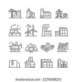 Industrial buildings related icons: thin vector icon set, black and white kit