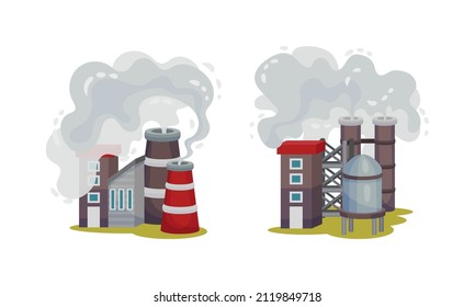 Industrial buildings set. Factory and power plants with smoke from smokestacks vector illustration