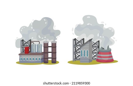 Industrial buildings set. Factory and power plants with smoking pipes polluting the air vector illustration