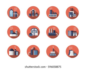 Industrial buildings. Set of flat round vector icons