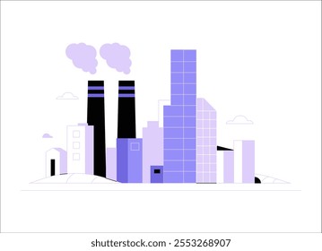 Edificios De Industrial Con Chimeneas En Ilustración vectorial Plana Que Simbolizan La Industria Urbana Y El Impacto Ambiental, Aislados Sobre Fondo Blanco