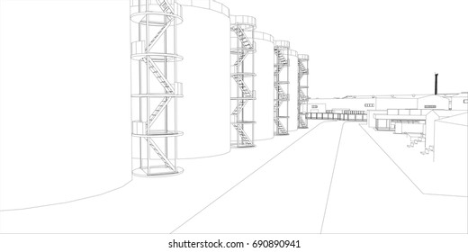 Industrial buildings. Vector rendering of 3d. Wire-frame style