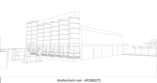 Industrial buildings. Vector rendering of 3d. Wire-frame style