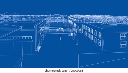 Industrial buildings. Vector rendering of 3d. Wire-frame style