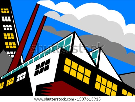 industrial buildings visible gray clouds.