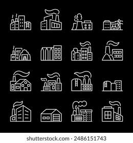 Industrial buildings, white line icons. Factories, business centers, storage facilities, and production buildings. industrial and construction. Symbols on black background. Editable stroke.