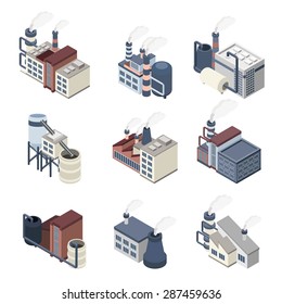 Industrial buldings isometric icons set with 3d plants and factories isolated vector illustration