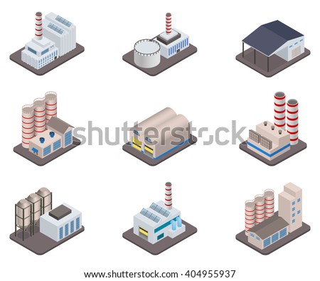 Industrial buldings - Simple vector isometric factory plants and factories icon set