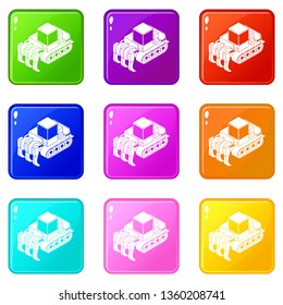 Industrial bulldozer icons set 9 color collection isolated on white for any design
