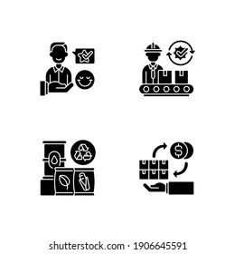 Industrial Business Black Glyph Icons Set On White Space. Customer Satisfaction, Manufacturing, Raw Materials And Wholesale Trade. Entrepreneurship Silhouette Symbols. Vector Isolated Illustration