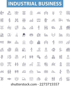 Industrial business line icons, signs set. Industry, Business, Industrial, Manufacturing, Processing, Services, Machinery, Technology, Supply outline vector illustrations.