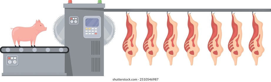 Ilustración de carnicería de Industrial. Fabricación de la producción de carne de la historieta aislada en el fondo blanco