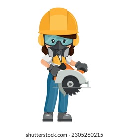 Industrial cabinetmaker or carpenter worker woman in her personal protective equipment using a circular woodcutter. Industrial safety and occupational health at work