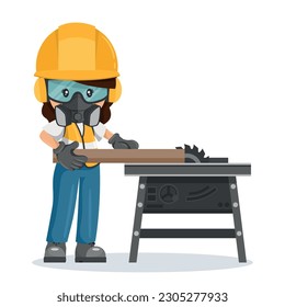 Industrial cabinetmaker or carpenter worker woman in her personal protective equipment using a wood saw. Industrial safety and occupational health at work