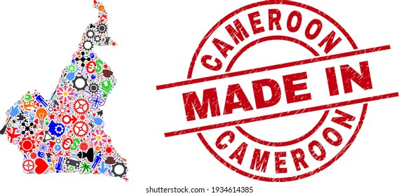 Mosaico de mapa industrial camerunés y sello arañado MADE IN. Mosaico cartográfico camerunés compuesto de pulseras, ruedas, herramientas, elementos, vehículos, chispas eléctricas, detalles.