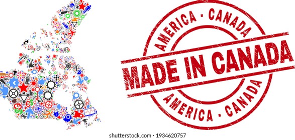 Mosaico de mapa industrial de Canadá v2 y sello de sellado en peligro MADE IN. Mosaico cartográfico Canadá v2 diseñado a partir de palangreros, ruedas, destornilladores, llaves, aviones, pernos eléctricos, cohetes.