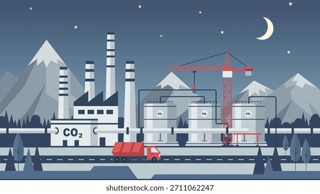 Instalación de captura y almacenamiento de Industrial con tanques de CO2 grúa y camión de transporte en la noche que muestra el control de emisiones de la solución climática y tecnología limpia