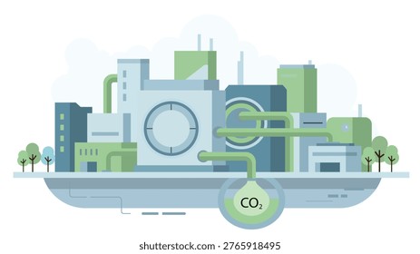 Industrial carbon capture system with CO2 storage tank and green pipelines showing emission control clean technology and sustainable factory process