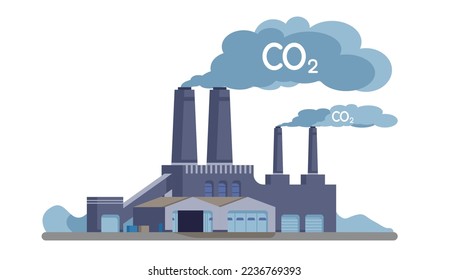 Contaminación por dióxido de carbono industrial. Ambiente contaminante vegetal. Edificio con humos de chimenea. Industria manufacturera. Ambiente sucio. Emisiones de CO2. Contaminación del aire