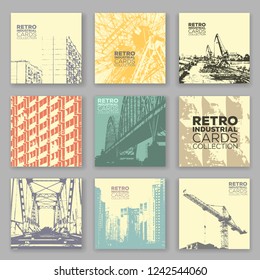 Industrial card collection. Heavy machinery construction. Set of two-colors minimalistic retro grunge posters.