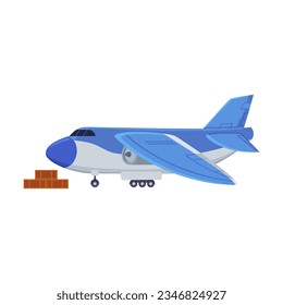 Avión de carga industrial para ilustración vectorial de entrega. Vehículo de envío de mercancías, importación de petróleo sobre fondo blanco. Concepto de flete de servicio de entrega