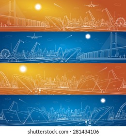 Industrial cargo port panorama, vector lines landscape, big bridge, night city, ships on the water