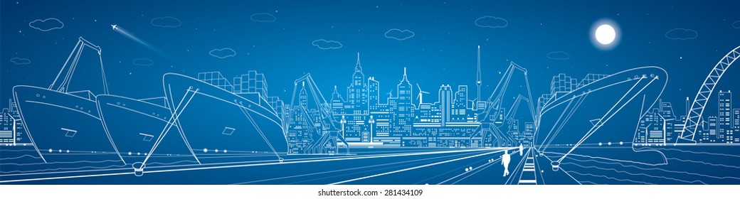 Industrial cargo port panorama, vector lines landscape, night city, ships on the water