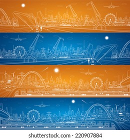 Industrial cargo port and transport panorama, white lines landscape, night city, airplane fly, train on the bridge, vector design art