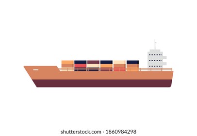 Industrial cargo ship cartoon icon, flat vector illustration isolated on white background. Goods delivery, shipping and logistic services logo or emblem element.