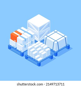 Industrial cargo supply on wooden pallet for warehouse storage shipment loading logistic commercial service isometric vector illustration. Package box container distribution freight shipping