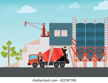 Industrial Cement Processing Plant factory with work machines and a truck mixer, vector illustration.