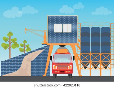 Industrial Cement Processing Plant factory with work machines and a truck mixer, vector illustration.